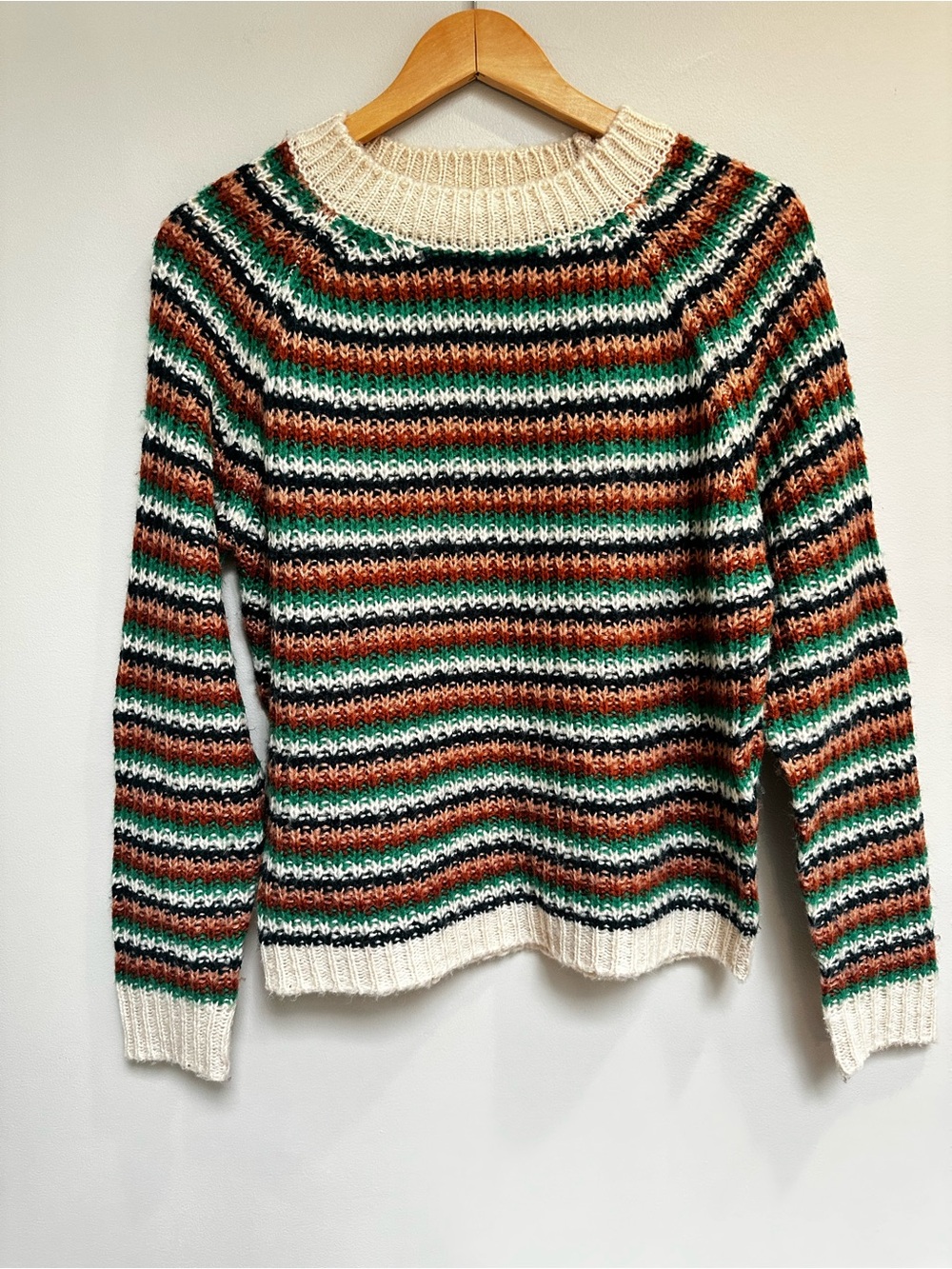 The Good Jane Kylie Striped Crewneck Sweater Cream Green Rust S/M